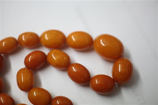 A single strand graduated oval amber bead necklace, 67cm.